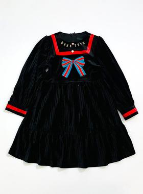 韩国单~版型tai赞 配色美美哒 女童春秋黑色丝绒连衣裙公主裙子