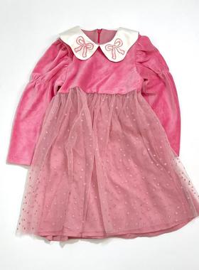 韩国单~悦目 颜色版型tai赞 女童春秋粉色蝴蝶结连衣裙公主网纱裙