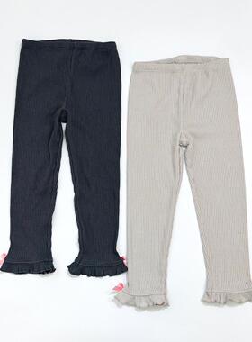 日单ma妈le 版型颜色百搭 女童儿童春秋坑条修身花边裤脚打底裤子