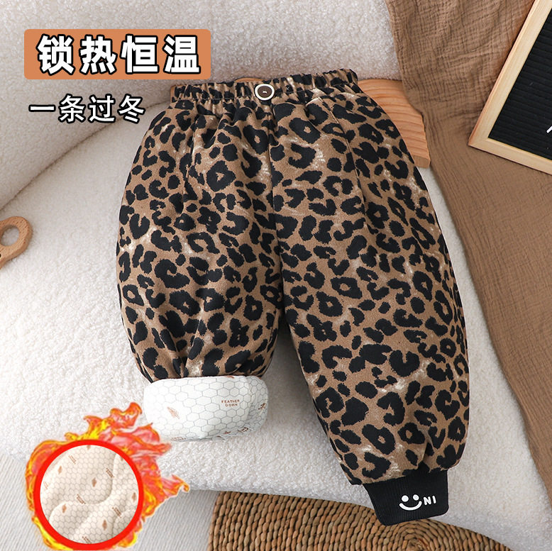温感现货一条过冬三层夹棉加厚豹纹长裤洋气宽松儿童百搭卫裤棉裤