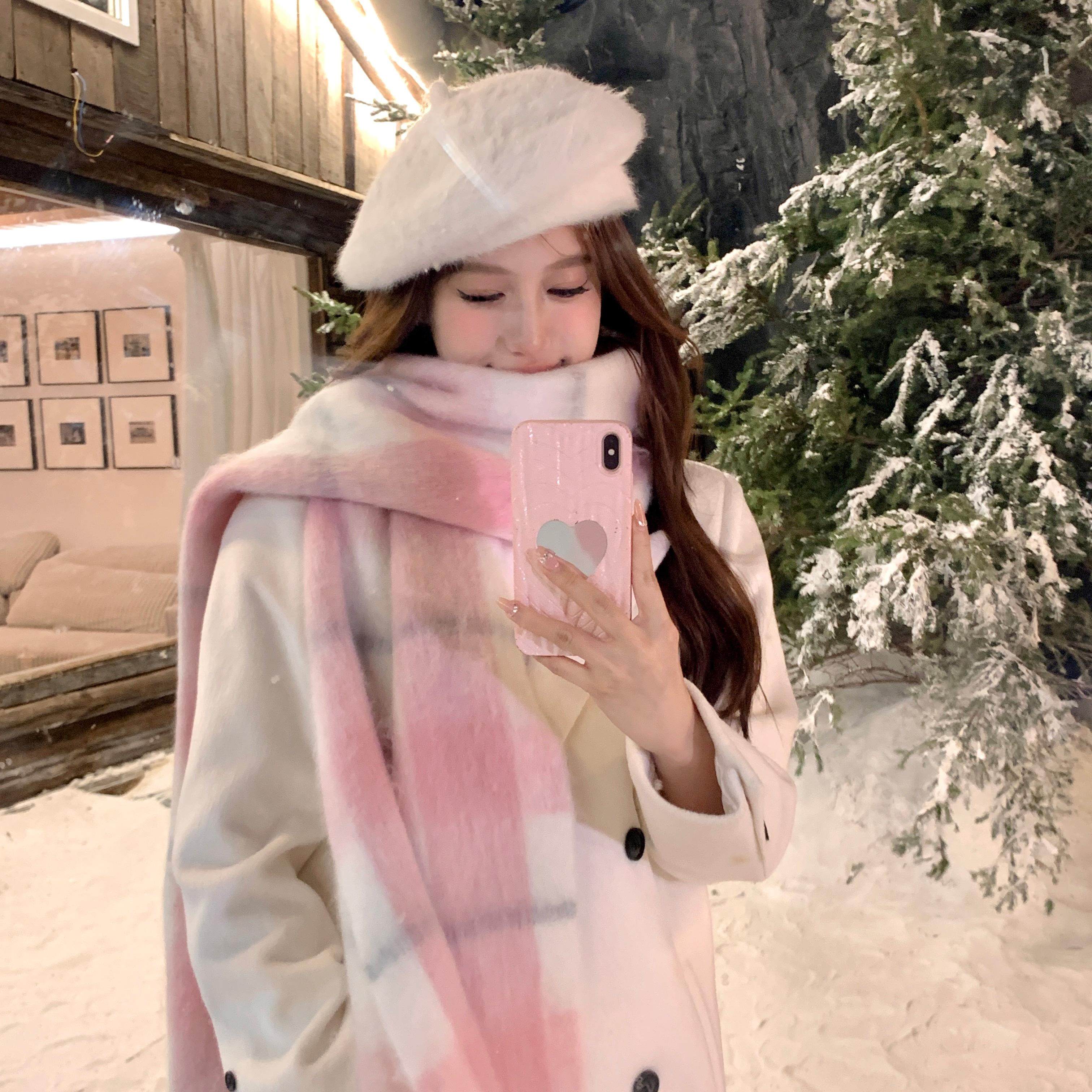 【蜜桃茶】氛围感女主 马卡龙格子流苏围巾韩系百搭冬季保暖围脖