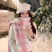 配大衣保暖围脖 韩系粉色格子流苏围巾冬季 蜜桃茶 氛围感女主