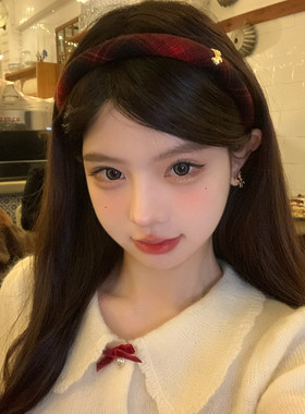 【蜜桃茶】宅女同款~西高地红色新年格子细边发箍高颅顶压发头箍