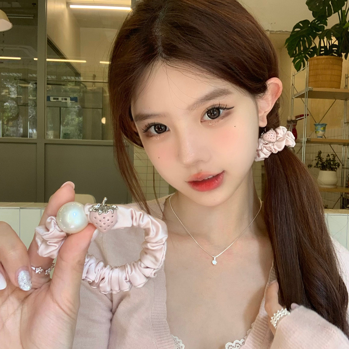 【蜜桃茶】奶油甜心 草莓缎面小肠发圈发绳皮筋女扎马尾头绳发饰