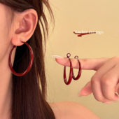 蜜桃茶 复古安可拉红红色圆圈耳环港风高级感气质素圈耳钉耳饰