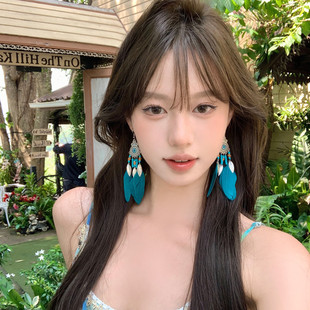 【蜜桃茶】轻氧假日 波西米亚异域风羽毛流苏耳环长款度假耳饰女