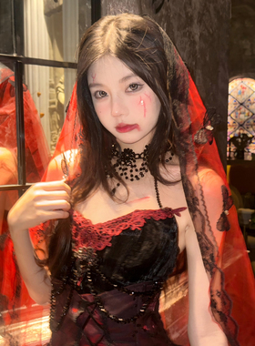 【蜜桃茶】教堂魅影 万圣红色蝴蝶头纱cos鬼新娘装扮节日拍照发饰