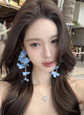 明媚欧尼 度假风蓝色花朵流苏耳环女海边绝美独特夸张漂亮大耳饰