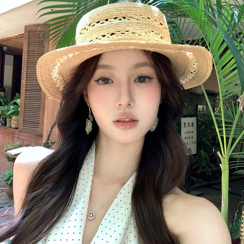 松弛夏日老钱风拉菲草平顶帽女