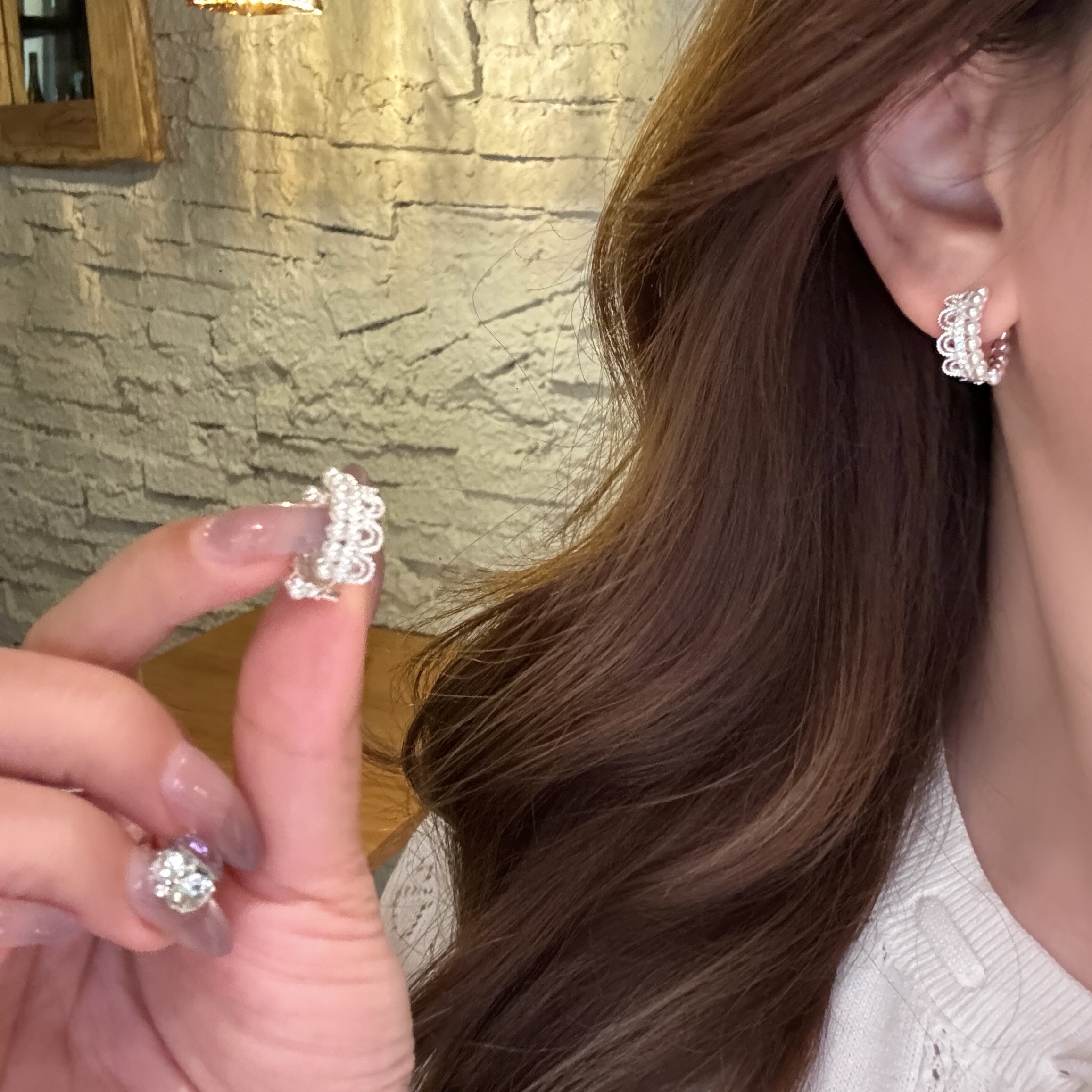 温柔小香锆石珍珠蕾丝花边耳扣