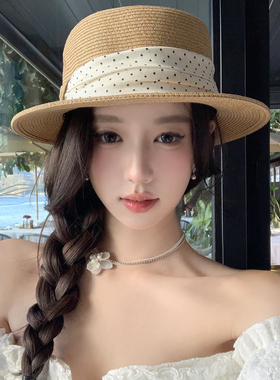 奥法庄园法式波点平顶草帽女