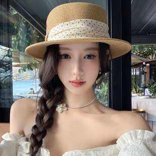 法式 奥法庄园 波点平顶草帽海边度假沙滩防晒遮阳帽子 蜜桃茶