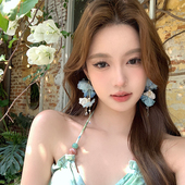 夏日蓝色花朵流苏耳环2025新款 蜜桃茶 绝美夸张海边度假风耳饰