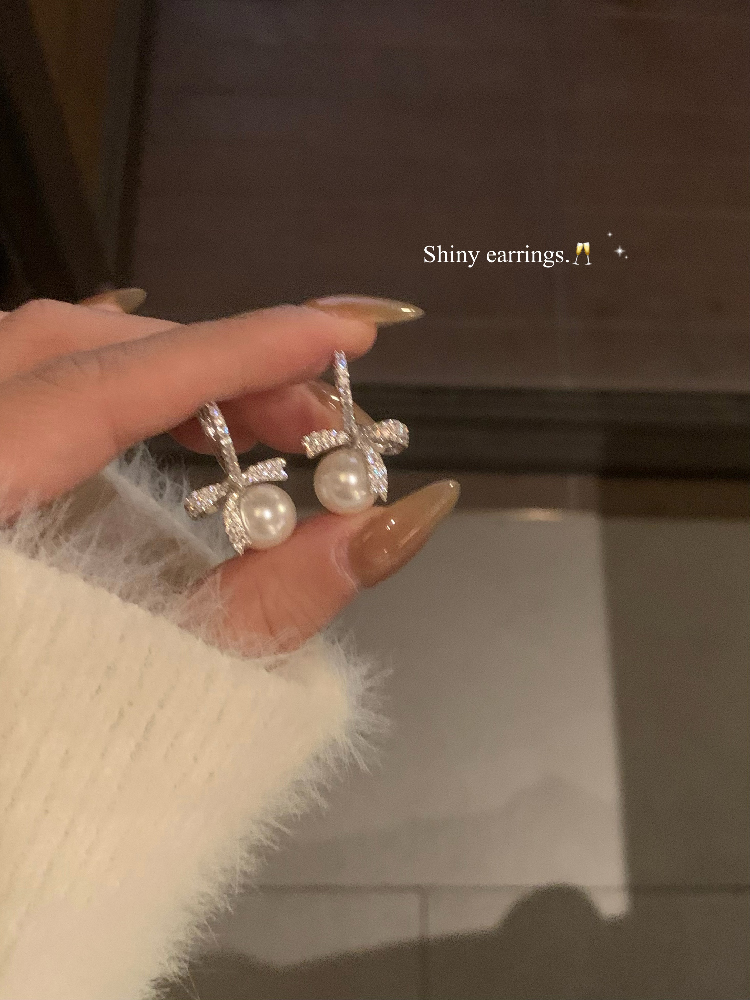 peachtea蝴蝶结珍珠耳环