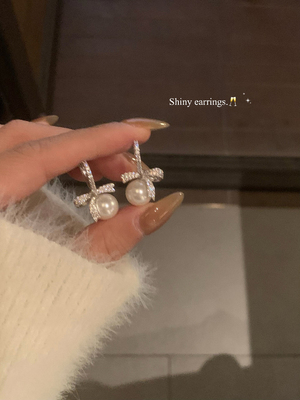 peachtea蝴蝶结珍珠耳环