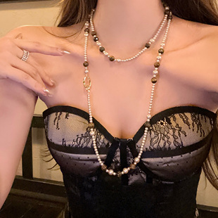 【蜜桃茶】暮色松茶 双层虎眼石珍珠项链长款秋冬小香风毛衣配饰