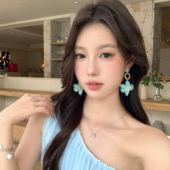 薄荷之夏 蜜桃茶 醋酸蓝色花朵耳环夏天独特海边夸张度假耳饰