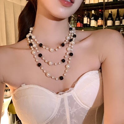 长款满天星黑白撞色珍珠项链女