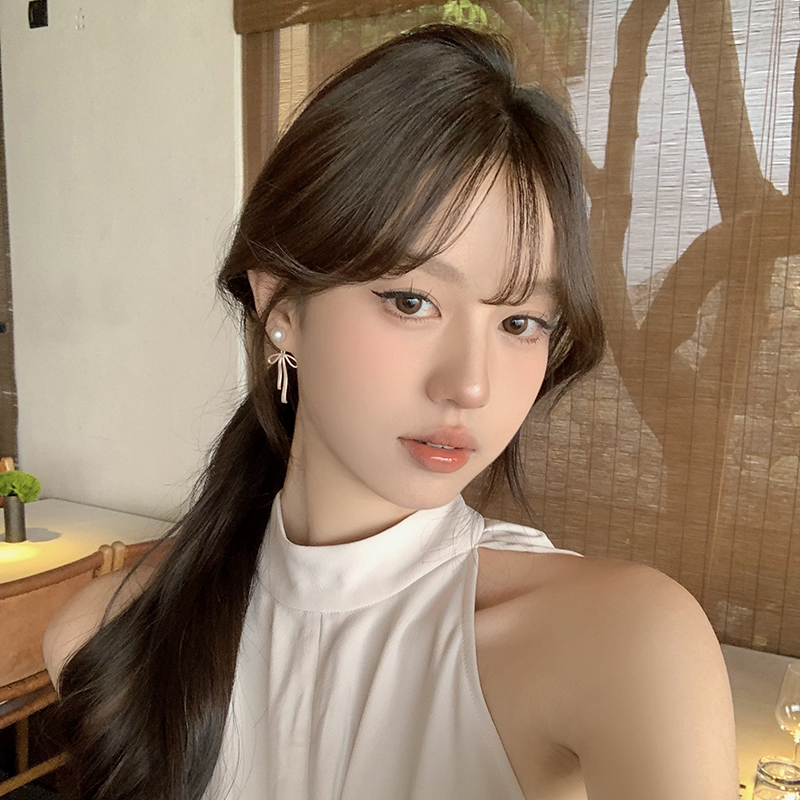 peachtea芭蕾风蝴蝶结珍珠耳环