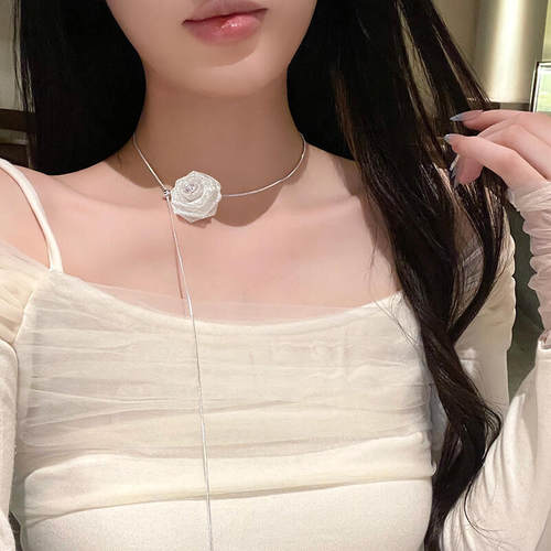 超仙网纱玫瑰花项链女可抽拉调节