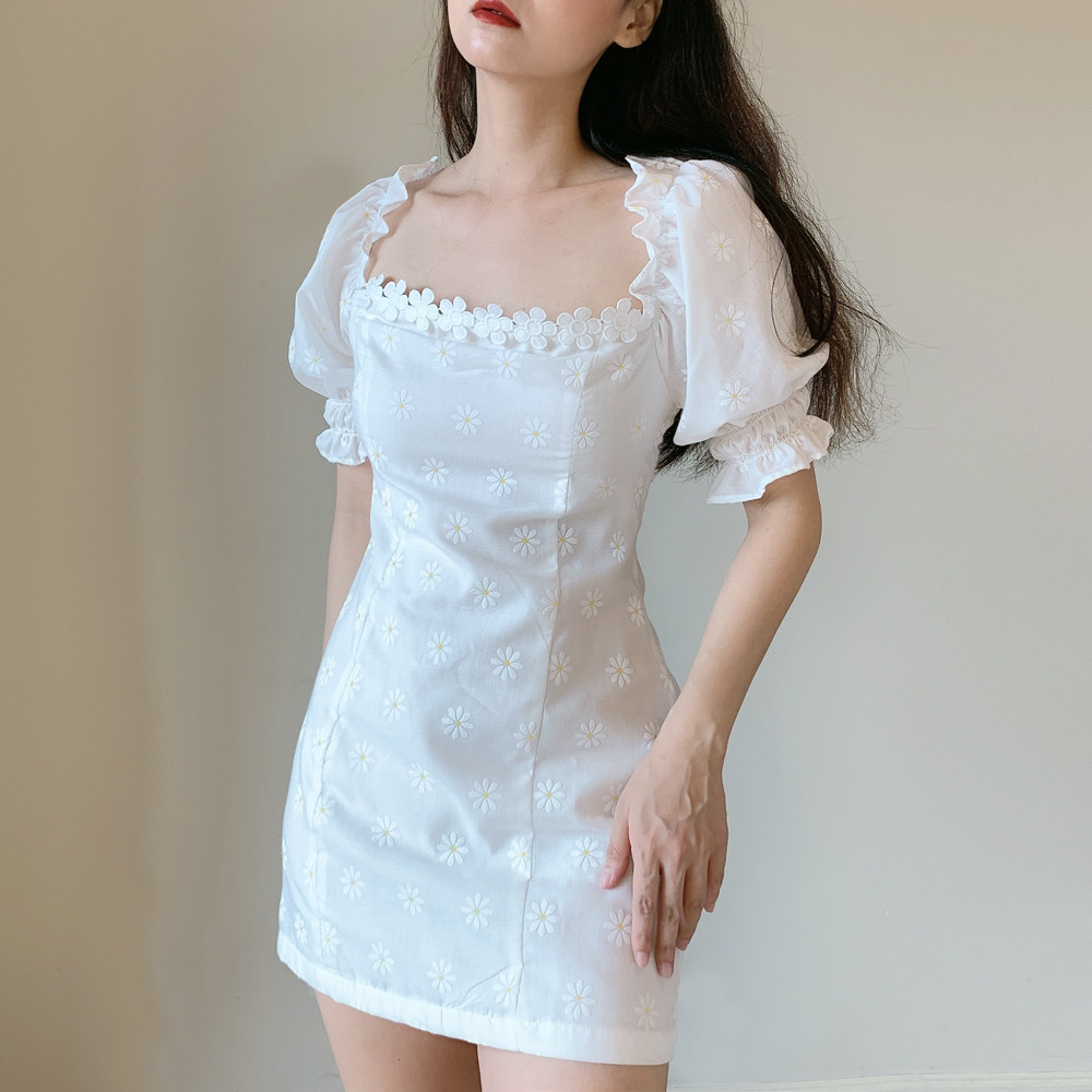 CHANGSHENG法式花朵U领泡泡袖雏菊仙女裙小白裙连衣裙小个子