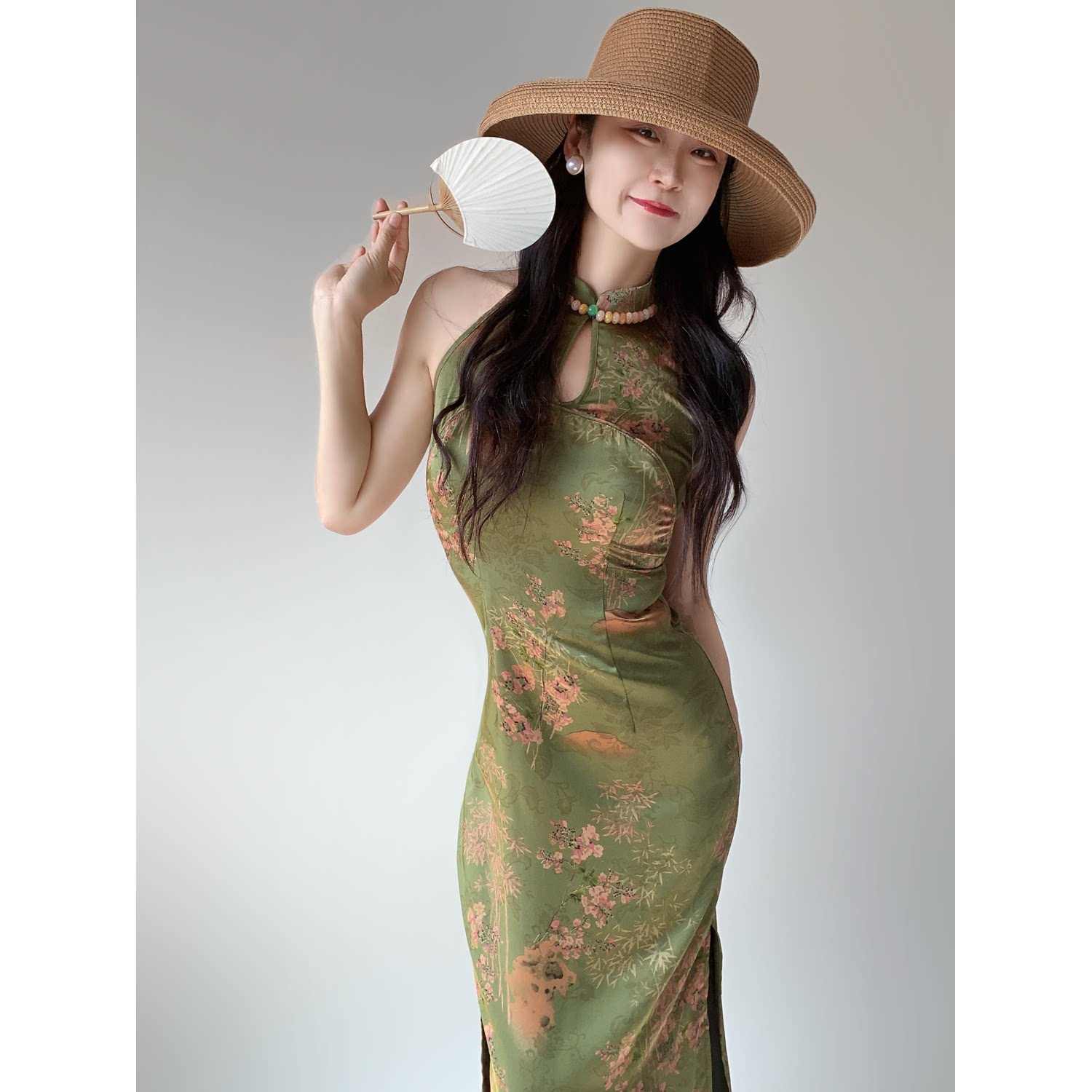 changsheng绿芜 新中式气质禅意挂脖收腰修身显瘦开叉旗袍连衣裙