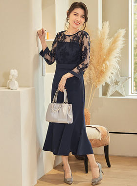 显瘦连衣裙夏季长裙子蕾丝拼接鱼尾裙假两件套装小礼服女士88606