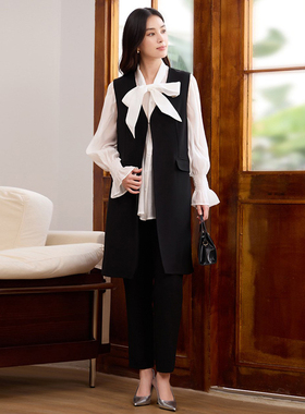 春季新款中长款马甲外套搭配长裤两件套装裤子开衫上衣女士88803
