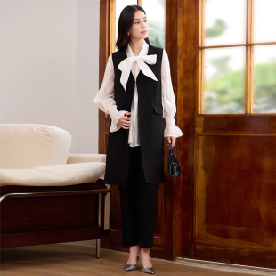 春季新款中长款马甲外套搭配长裤两件套装裤子开衫上衣女士88803
