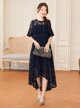 雪纺蕾丝连衣裙通勤圆领短袖套头高腰长裙子平时可穿小礼服88526
