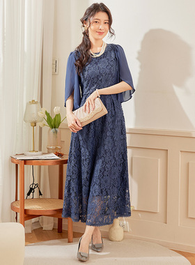 新款拼接雪纺蕾丝连衣裙女显瘦高腰中长裙子日常可穿小礼服88530