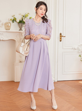 2023夏季拼接连衣裙修身高腰显瘦蕾丝气质a字裙圆领中长裙女88571