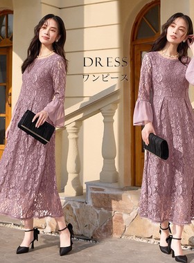 女士新款蕾丝拼接雪纺连衣裙子中长款显瘦长裙子婚礼小礼服88658