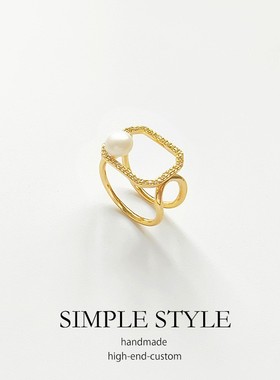 食指戒指高级方形冷淡风镂空百搭戒子开口可调节珍珠指环饰品E015