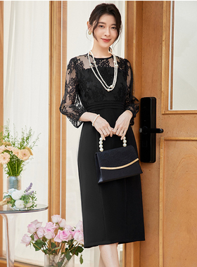 夏季长裙子新款优雅蕾丝拼接修身连衣裙女士平时可穿小礼服88602