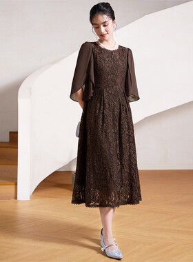 气质蕾丝连衣裙长裙子女装夏季雪纺拼接圆领春秋长款小礼服88530