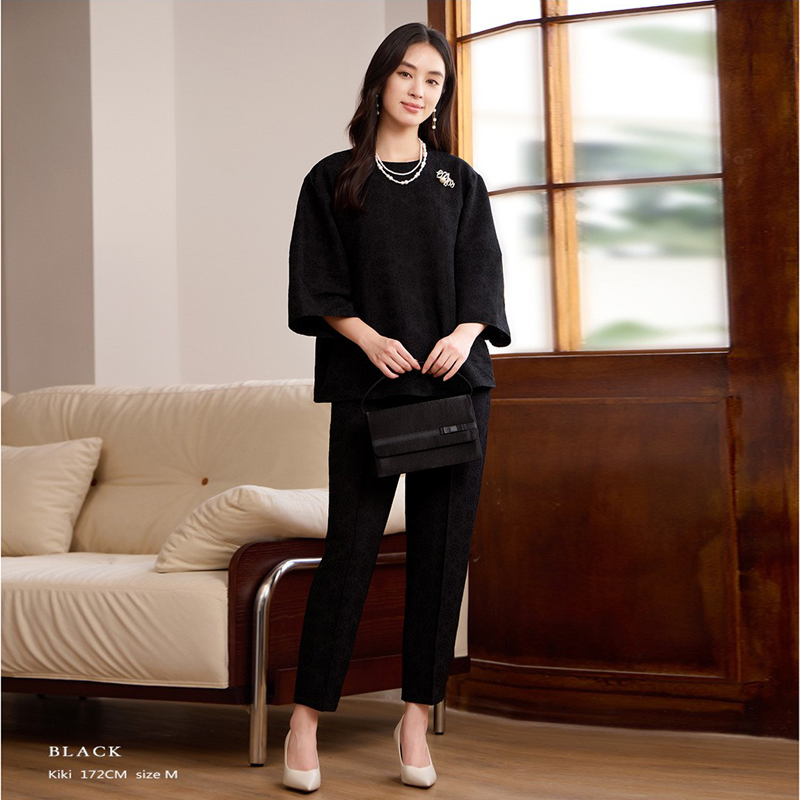 两件套装裤子女时髦洋气宽松衬衫套装上衣提花长裤早春秋季88699