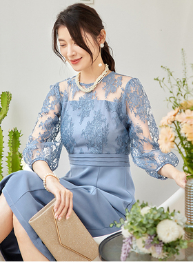 新款圆领蕾丝拼接修身连衣裙女士夏季长裙子日常可穿小礼服88602