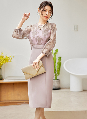 新款拼接蕾丝连衣裙女士夏季显瘦长裙子春秋天优雅小礼服裙88602