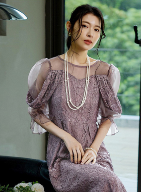 2026年夏季新款蕾丝连衣裙女泡泡袖拼接长裙子长款小礼服裙88808