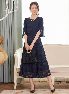 新款夏季拼接蕾丝连衣裙女士通勤雪纺长裙子平时可穿小礼服88530