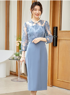 新款圆领蕾丝拼接修身连衣裙女士夏季显瘦长裙子气质小礼服88602