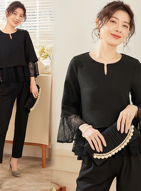 新款两件套套装裤子简约气质淑女通勤修身拼接蕾丝上衣长裤88586