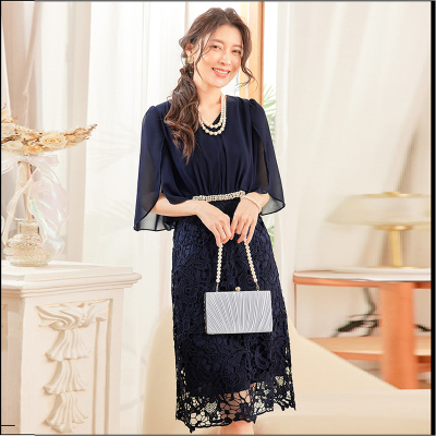 新款拼接蕾丝连衣裙女士优雅风法式雪纺裙子日常可穿小礼服88262