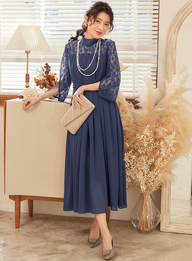 夏季蕾丝拼接连衣裙女士法式雪纺长裙子宴会日常可穿小礼服88588