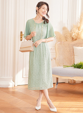 优雅蕾丝连衣裙中长裙子夏季短袖拼接雪纺小礼服女春秋女装88567