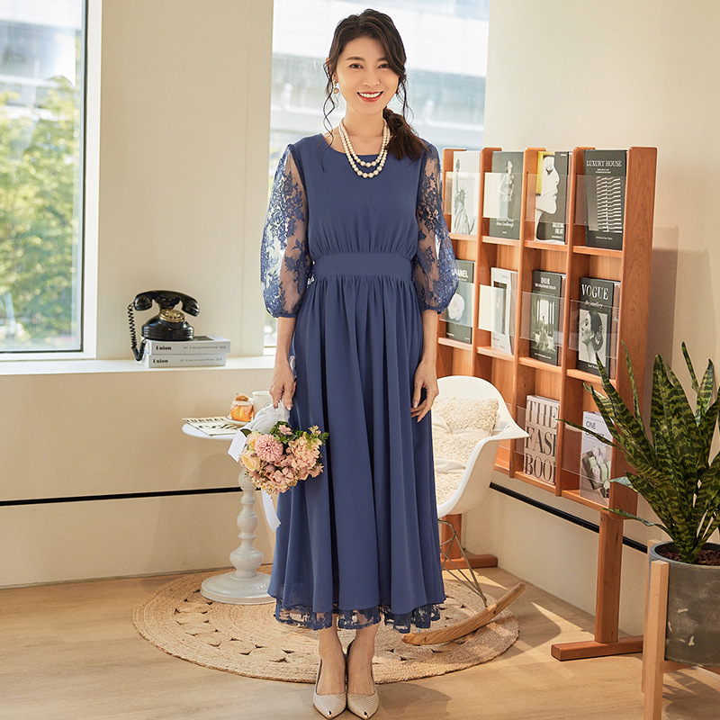 夏季雪纺连衣裙2024年新款蕾丝拼接长裙子女婚礼宴会小礼服88609