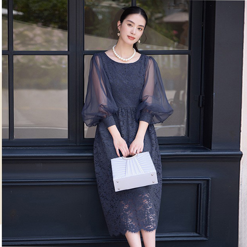 春季圆领蕾丝连衣裙长袖女士气质优雅拼接女装长裙子小礼服88620