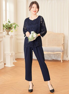 新款三件套套装裤子女装七分袖蕾丝上衣无袖连衣裙子哈伦裤88585