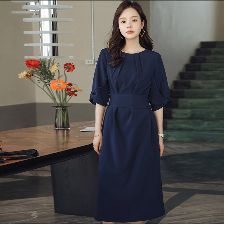 显瘦高腰连衣裙女士春秋五分袖中长裙子夏天日常可穿小礼服88503